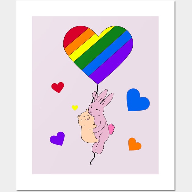 Gay Pride Flag Heart Baloon Hamster Bunny Wall Art by Mr. Pancakes